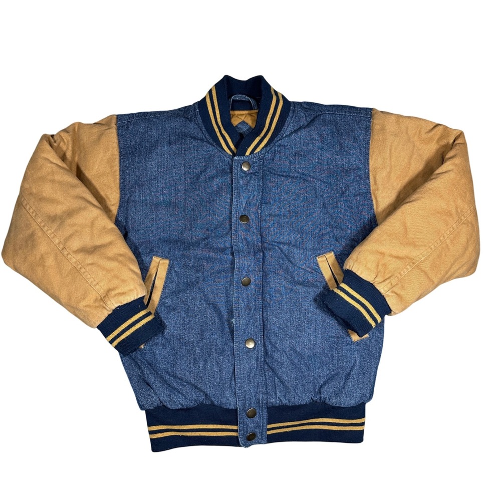 Vintage Outlooks Blue Denim Tan Canvas Varsity Bomber Jacket Small Striped Trim